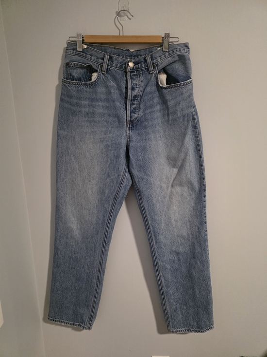Denim Forum Denim - Denim Forum The Patti Mid Rise Straight Jeans 31 Light Wash Distressed Hem